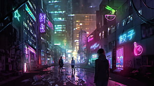 Neon-lit Cyberpunk City Street at Night with Rain Reflections and Silhouetted Figures HD wallpaper