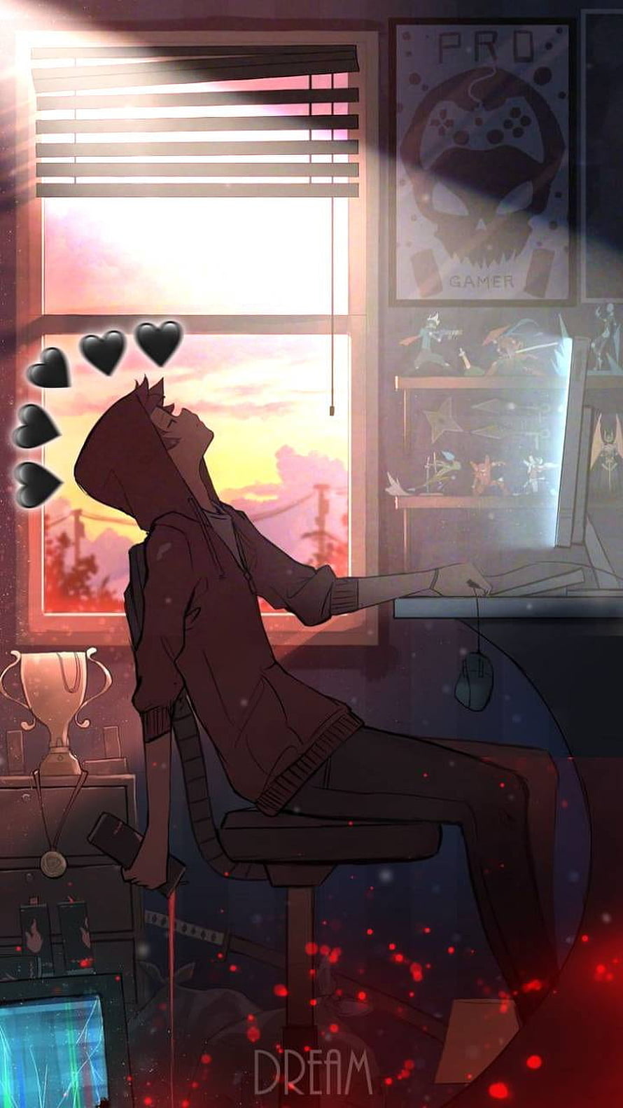 Anime Gamer Boy Relaxing In Room With Sunset View And Gaming Posters HD phone wallpaper