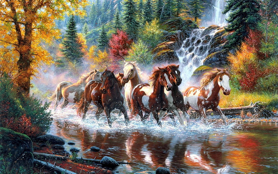 Herd of Wild Horses Galloping Through Stream in Autumn Forest with Waterfall HD wallpaper
