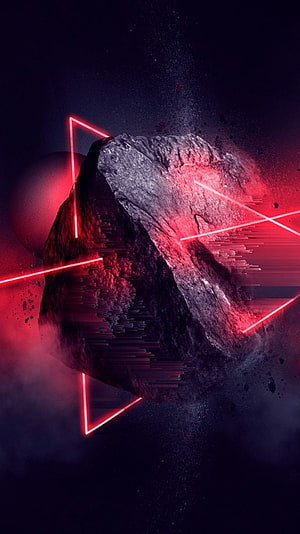 Abstract Glitch Art Asteroid With Red Neon Triangles And Digital Distortion In Space HD phone wallpaper