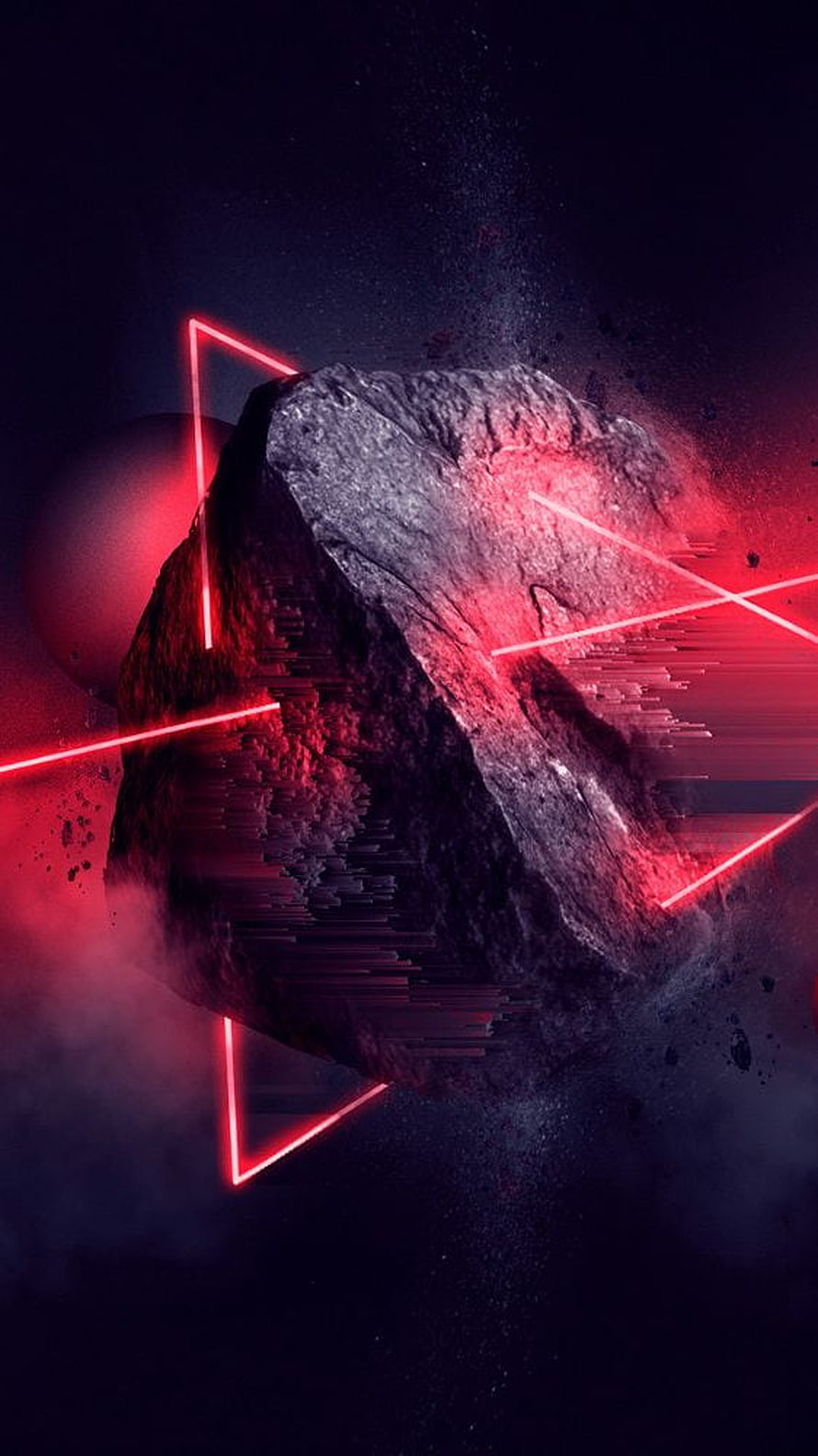 Abstract Glitch Art Asteroid With Red Neon Triangles And Digital Distortion In Space HD phone wallpaper