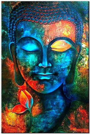 Vibrant Blue Buddha Face Art with Lotus Flower and Abstract Textures HD phone wallpaper