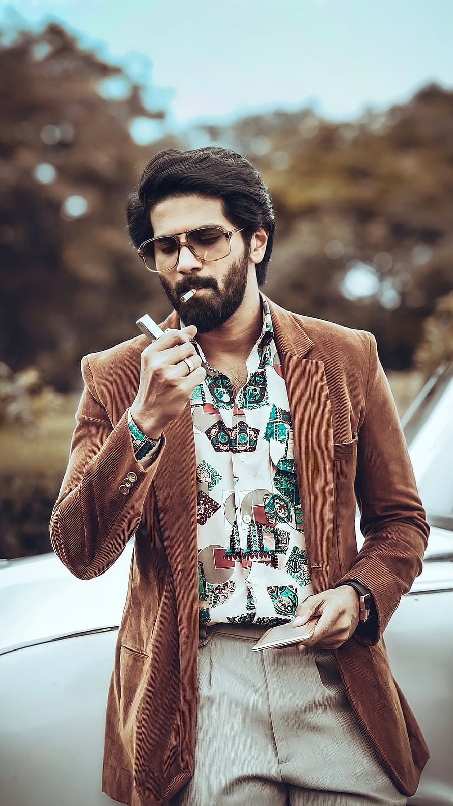 Dulquer Salmaan in Kurup: Stylish Bearded Actor in Brown Corduroy Blazer and Aviator Sunglasses HD phone wallpaper