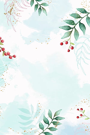 Watercolor Floral Border With Green Leaves, Red Berries, and Gold Splatters on Light Blue Background HD phone wallpaper