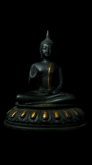 Dark Buddha Statue with Gold Accents on Lotus Base HD phone wallpaper