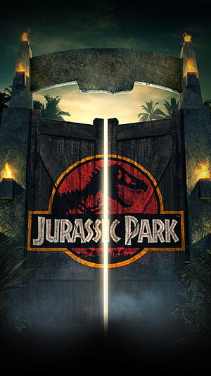 Jurassic Park Main Gate with T-Rex Logo and Torches HD phone wallpaper
