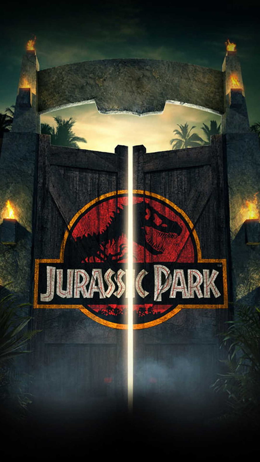 Jurassic Park Main Gate with T-Rex Logo and Torches HD phone wallpaper