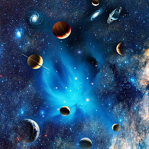 Vibrant Cosmic Nebula With Multiple Planets And Distant Galaxies In Deep Space HD phone wallpaper