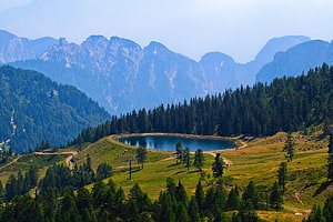 Alpine Mountain Lake Surrounded by Lush Green Meadows and Dense Coniferous Forests HD wallpaper