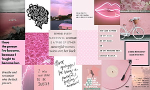 Pink Empowered Women Aesthetic Collage with Inspirational Quotes and Neon Lips HD wallpaper