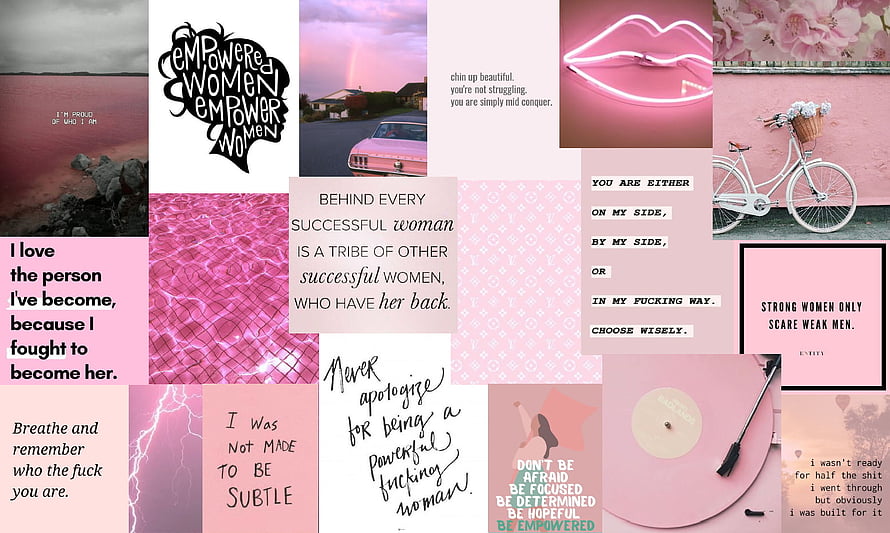 Pink Empowered Women Aesthetic Collage with Inspirational Quotes and Neon Lips HD wallpaper