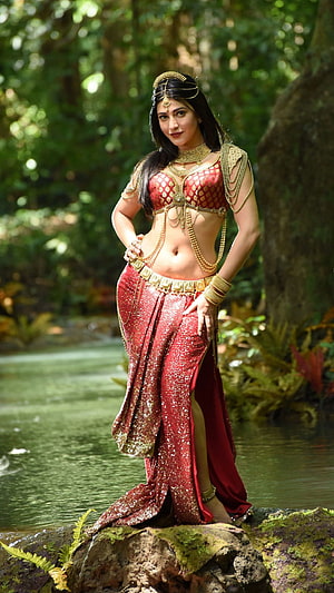 Woman in ornate red and gold traditional attire posing by a stream in a lush forest, Shruthi Hassan, multilingual actress, puli HD phone wallpaper