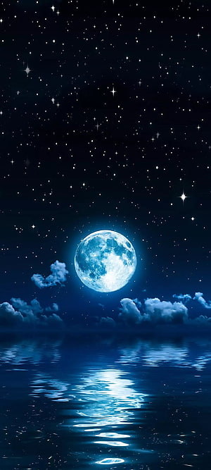 Luminous Full Moon Over Calm Ocean With Starry Night Sky And Clouds HD phone wallpaper
