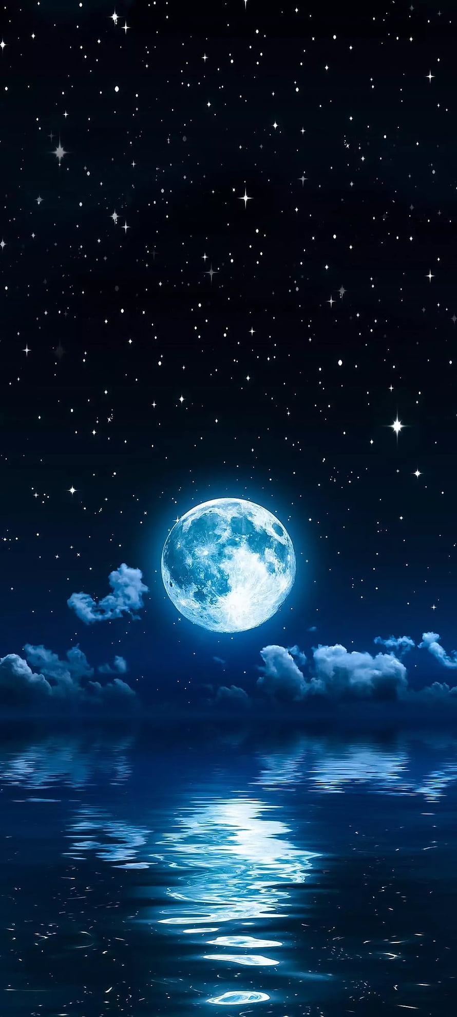 Luminous Full Moon Over Calm Ocean With Starry Night Sky And Clouds HD phone wallpaper