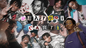 Playboi Carti Collage Wallpaper Featuring Multiple Portraits and Scattered Letter Tiles HD wallpaper