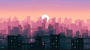 Pixel Art City Skyline at Sunset with Retro Lofi Aesthetic and Warm Pink Gradient Sky HD wallpaper