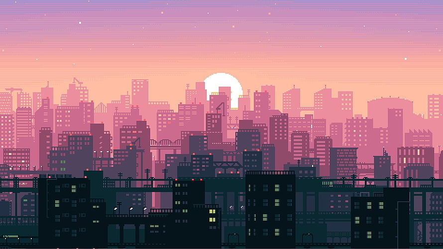 Pixel Art City Skyline at Sunset with Retro Lofi Aesthetic and Warm Pink Gradient Sky HD wallpaper