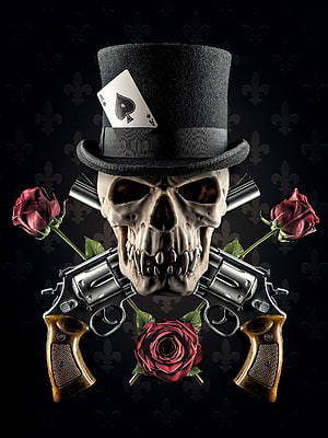 Gangster Skull With Top Hat, Playing Card, Revolvers, and Red Roses on Dark Background HD phone wallpaper