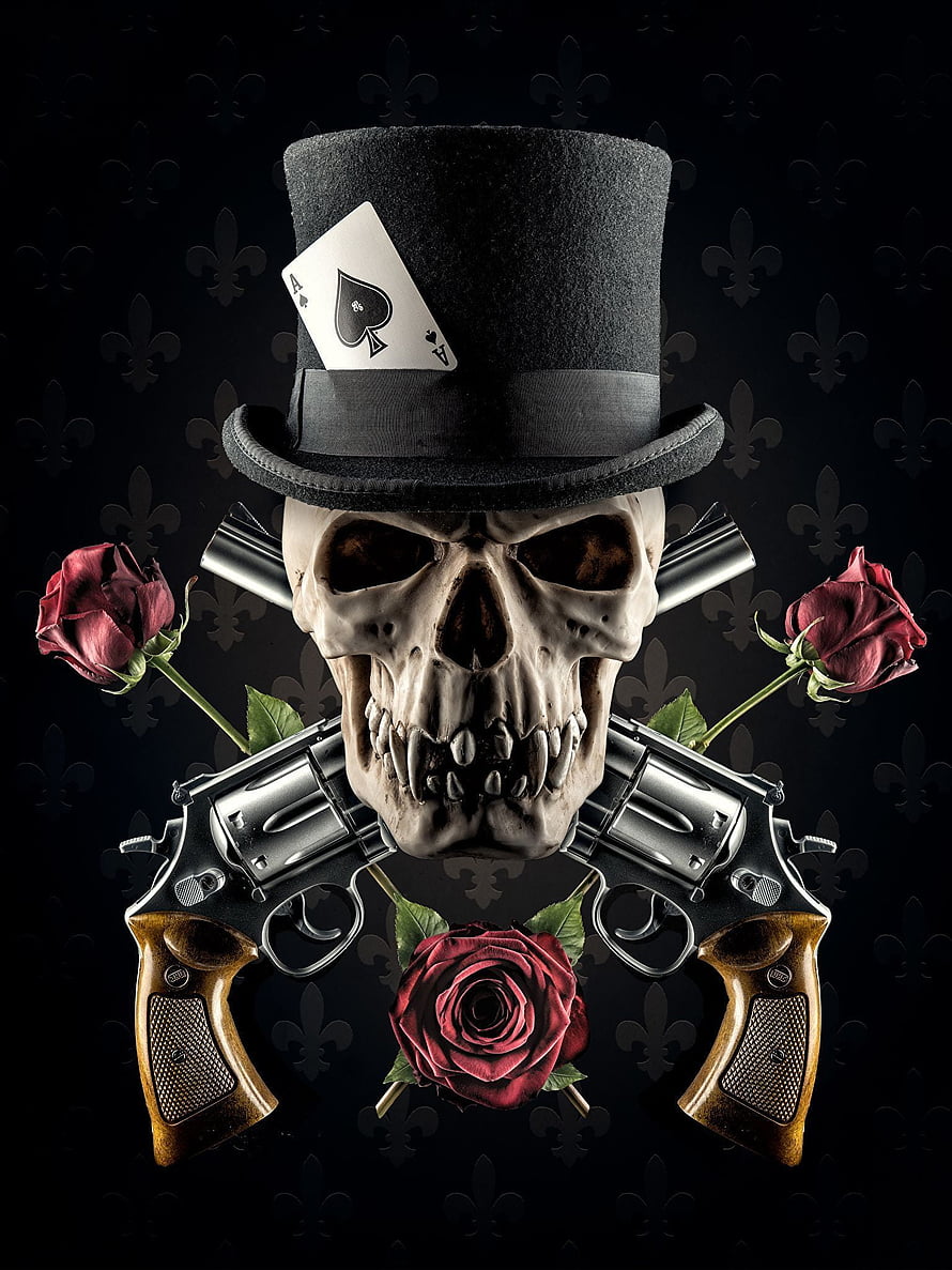 Gangster Skull With Top Hat, Playing Card, Revolvers, and Red Roses on Dark Background HD phone wallpaper