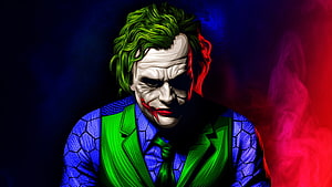 The Joker Character Portrait in Green Suit and Blue Shirt with Dramatic Lighting HD wallpaper