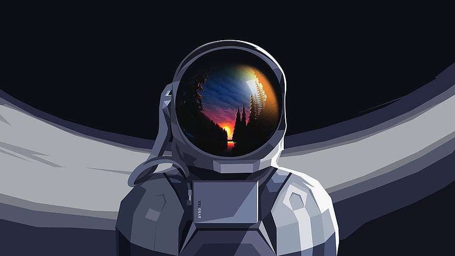 Astronaut Helmet Reflecting Forest Sunset Landscape Digital Art HD wallpaper