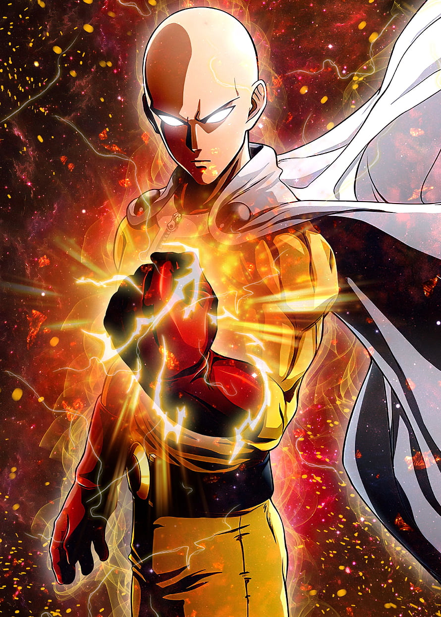 Saitama from One Punch Man in Limit Breaker Mode with Glowing Aura and Lightning, One Punch Man (Saitama) Metal Poster. One punch man anime, Anime, One punch anime, Cool Saitama HD phone wallpaper
