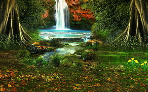 Serene Forest Waterfall Cascading Into Turquoise Pools Surrounded By Lush Greenery HD wallpaper