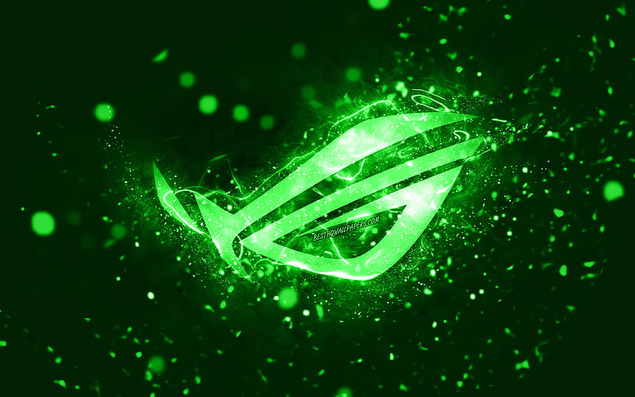 Glowing Green ROG Republic of Gamers Logo with Neon Particle Effects on Dark Background HD wallpaper