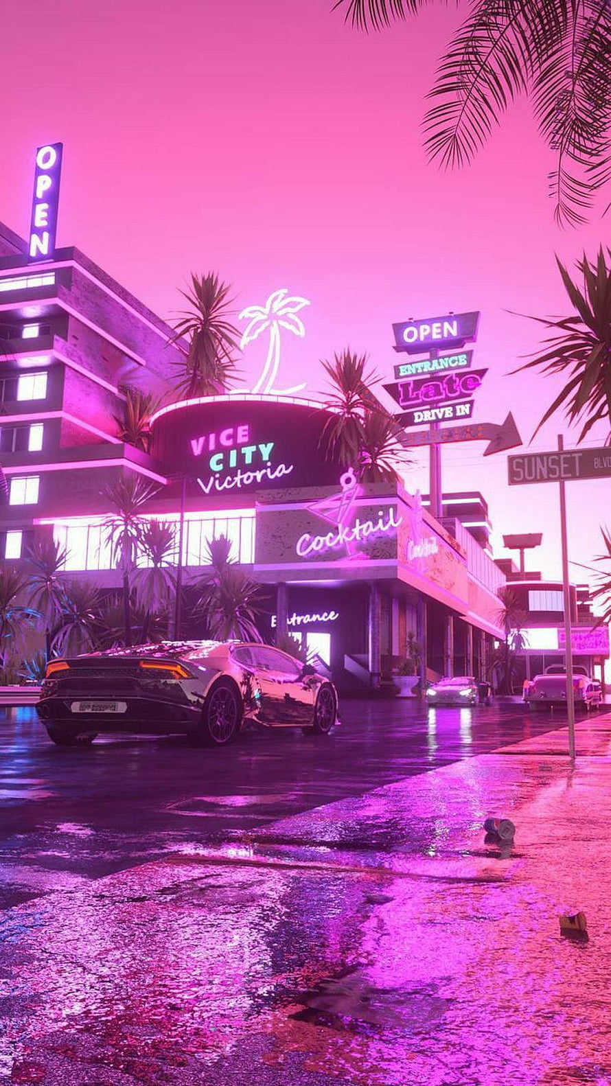 Neon Vice City Victoria Night Scene with Luxury Sports Car and Retro Cocktail Bar HD phone wallpaper