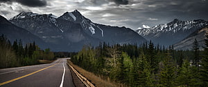 Scenic Mountain Highway Through Pine Forest Under Dramatic Cloudy Sky HD wallpaper