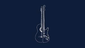 Minimalist Line Art of Acoustic and Electric Guitars on Dark Navy Background HD wallpaper