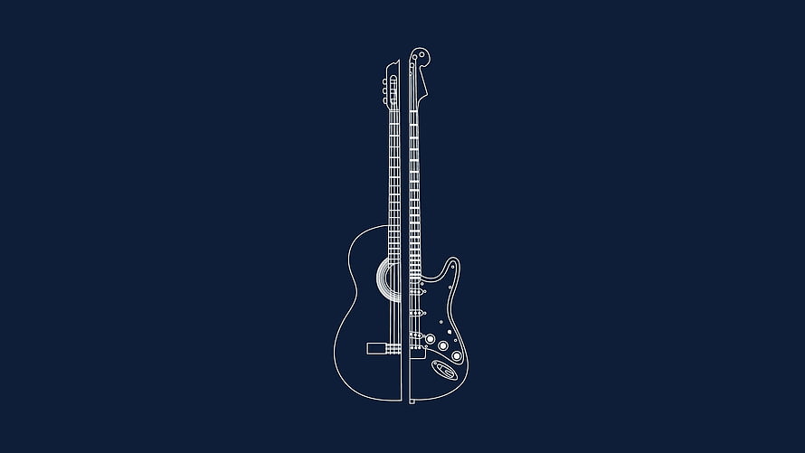 Minimalist Line Art of Acoustic and Electric Guitars on Dark Navy Background HD wallpaper