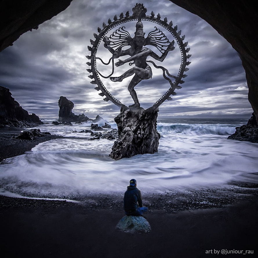 Nataraja Shiva Statue on Rocky Shore with Meditating Figure and Ocean Waves HD phone wallpaper
