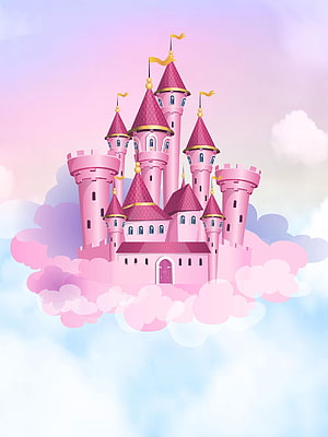 Dreamy Pink Cartoon Castle Floating on Pastel Clouds in a Soft Sky HD phone wallpaper