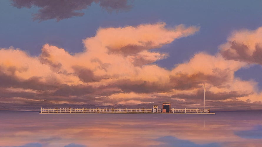 Spirited Away Sixth Station Scene with Sunset Clouds and Water Reflection HD wallpaper