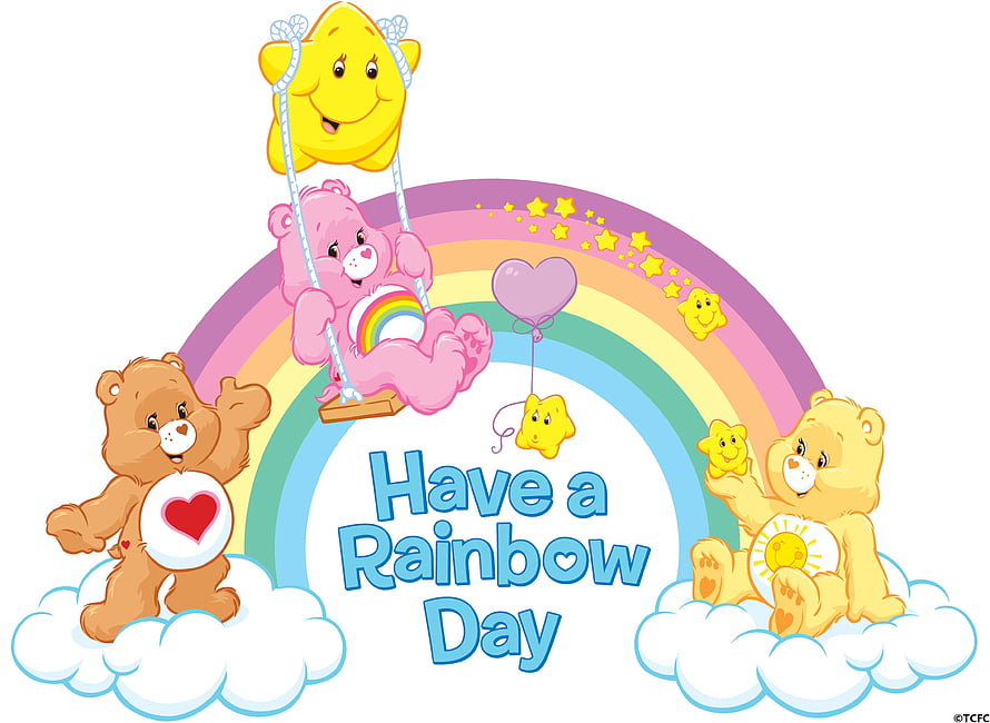 Care Bears Celebrating Rainbow Day on Clouds with Star Balloons and Cheerful Greeting HD wallpaper