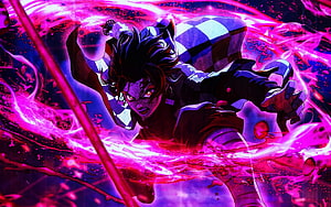 Tanjiro Kamado unleashing crimson energy in a dynamic Demon Slayer battle scene HD wallpaper