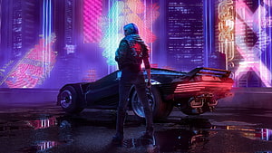 Cyberpunk 2077 Woman Standing Beside Futuristic Sports Car in Neon City, Cyberpunk 2077, a girl with car, art HD wallpaper