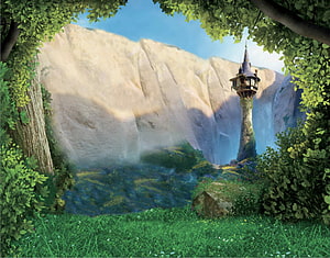 Enchanted Fantasy Tower in Lush Green Forest with Misty Cliffs HD wallpaper
