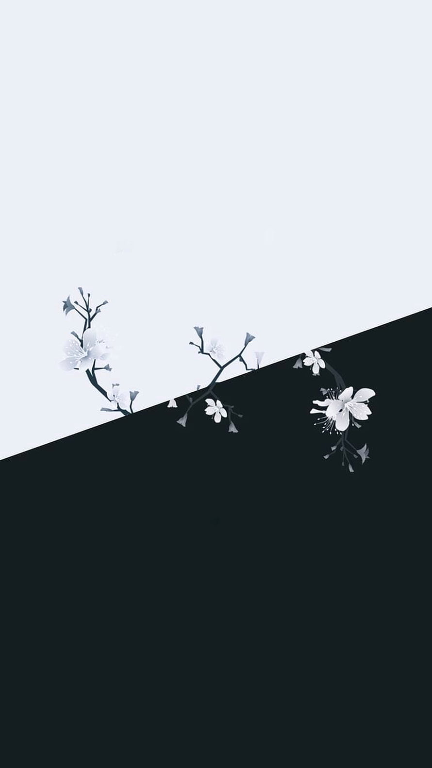 Minimalist Black and White Cherry Blossom Branches on Diagonal Split Background HD phone wallpaper