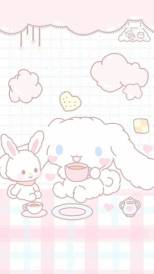 Cinnamoroll and Miffy Cute Tea Party Pastel Pink Gingham Background HD phone wallpaper