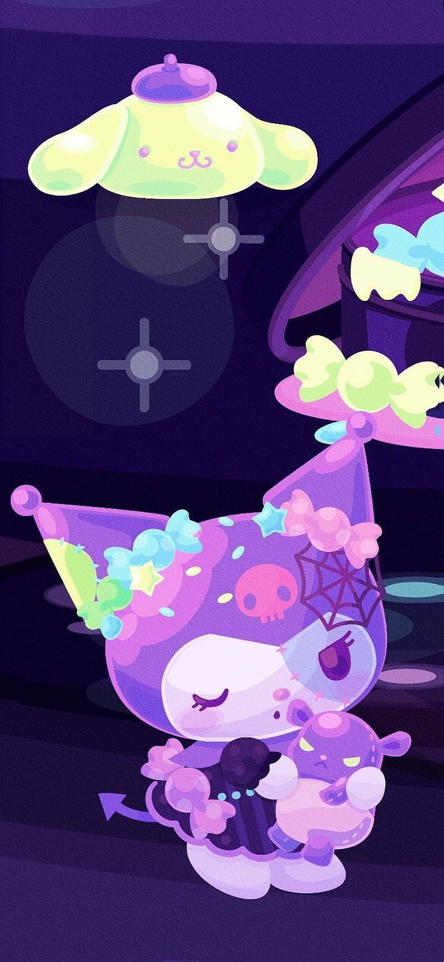 Kuromi Halloween Costume with Candy and Skull Decorations in Purple and Pink HD phone wallpaper