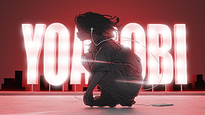Yoasobi Anime Girl Crouching With Headphones In Front Of Neon Sign HD wallpaper