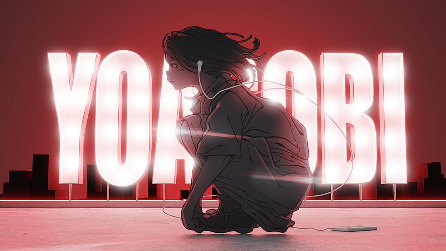 Yoasobi Anime Girl Crouching With Headphones In Front Of Neon Sign HD wallpaper