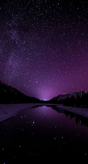 Purple Milky Way Galaxy Reflection Over Snowy Mountain Lake Night Sky HD phone wallpaper
