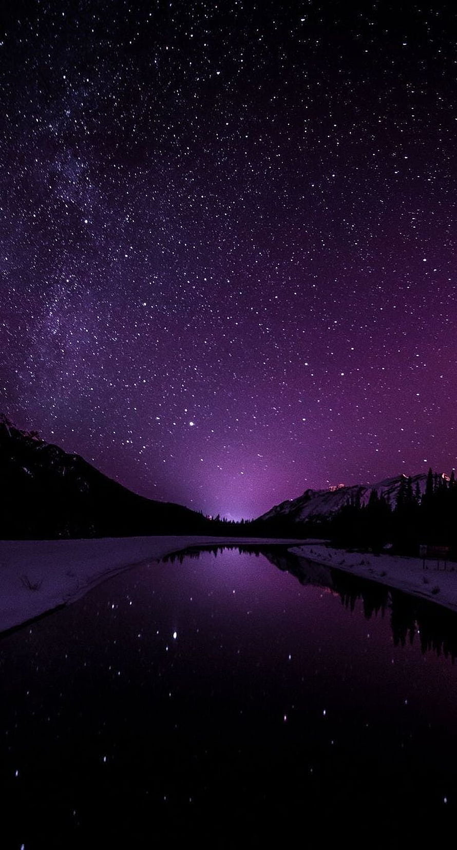 Purple Night Sky with Starry Reflection in a Mountain Lake HD phone wallpaper