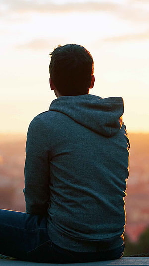 Man in Grey Hoodie Sitting Alone Watching Sunset Over City, Single Boy Attitude, Sitting Alone HD phone wallpaper