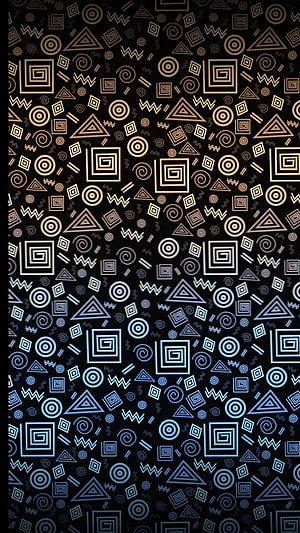 Geometric Gradient Pattern with Triangles, Spirals, and Squares on Black Background HD phone wallpaper