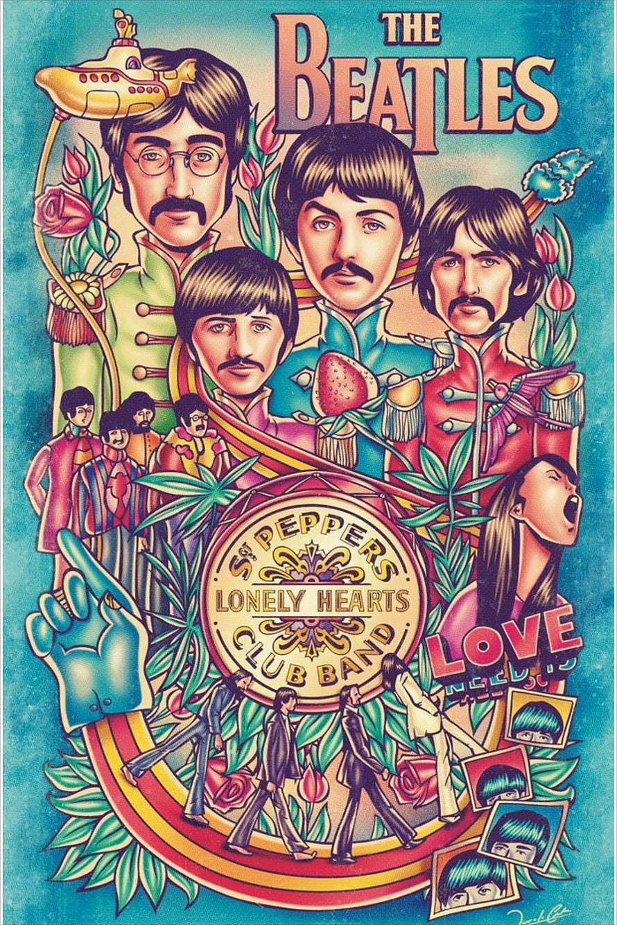 The Beatles Sgt Pepper's Lonely Hearts Club Band psychedelic poster art featuring John Paul George and Ringo HD phone wallpaper