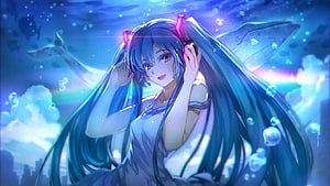 Hatsune Miku in an Ethereal Underwater Scene with Glowing Bubbles and Soft Blue Light HD wallpaper